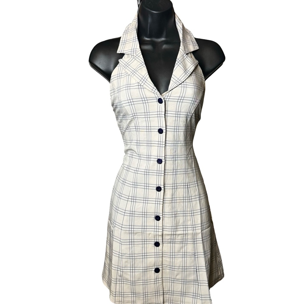 OLIVACEOUS‎ NWT Plaid Tan/Navy Halter Dress / S